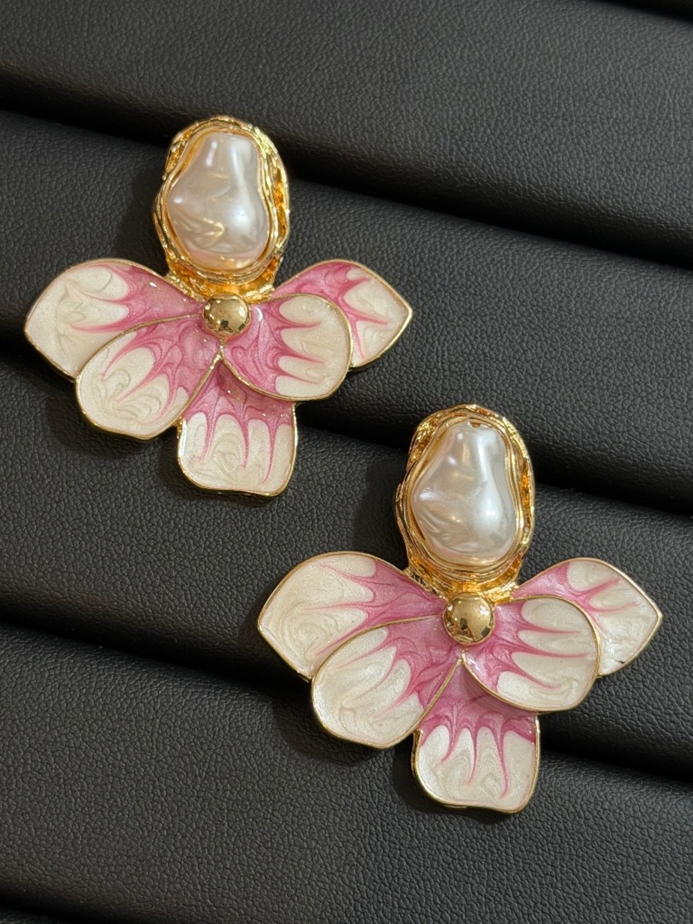 Golden Elegant White Pink Oil Dripping Embellished Flower Statement Earrings